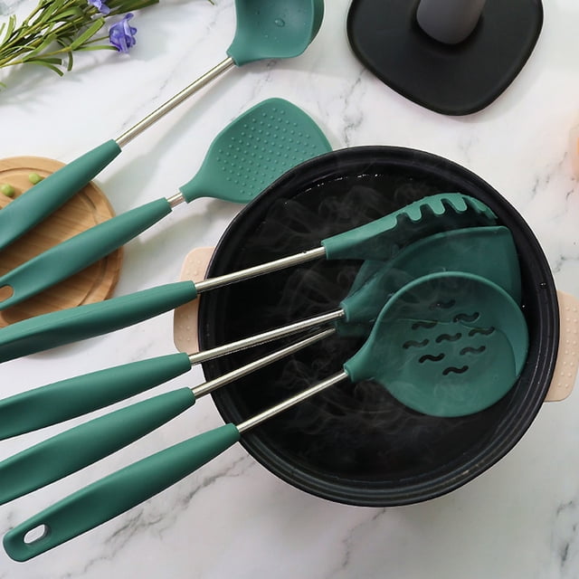 Clearance! Kitchen Utensils Nonstick Pot Silicone Spatula Soup Spoon Leak Spatula Set Army Green