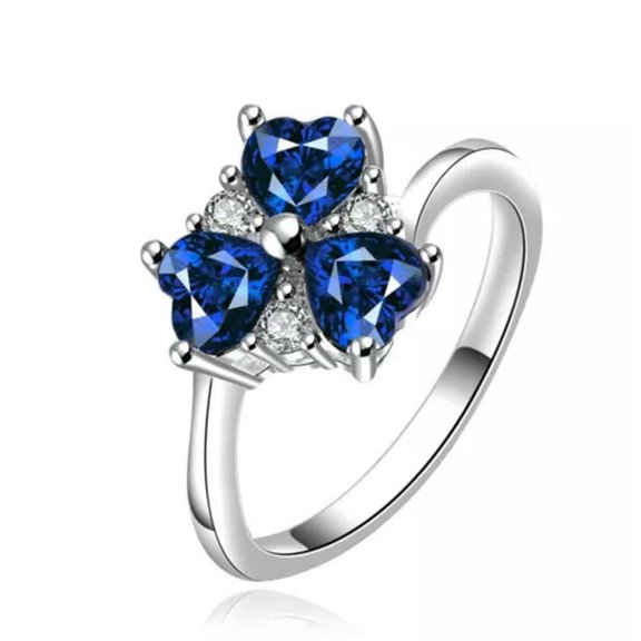 QQTDFG 925 Sterling Silver Stone Heart CleverZirconia Flower Band Ring Size 8 B143-Blue-8