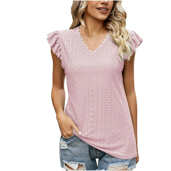 Wycnly Cute Tops for Women Solid V-Neck Short Sleeve T shirts Summer Casual Ruffle Sleeve Hollowed Lightweight Tunic Blouses Pink M Clearance Clothes