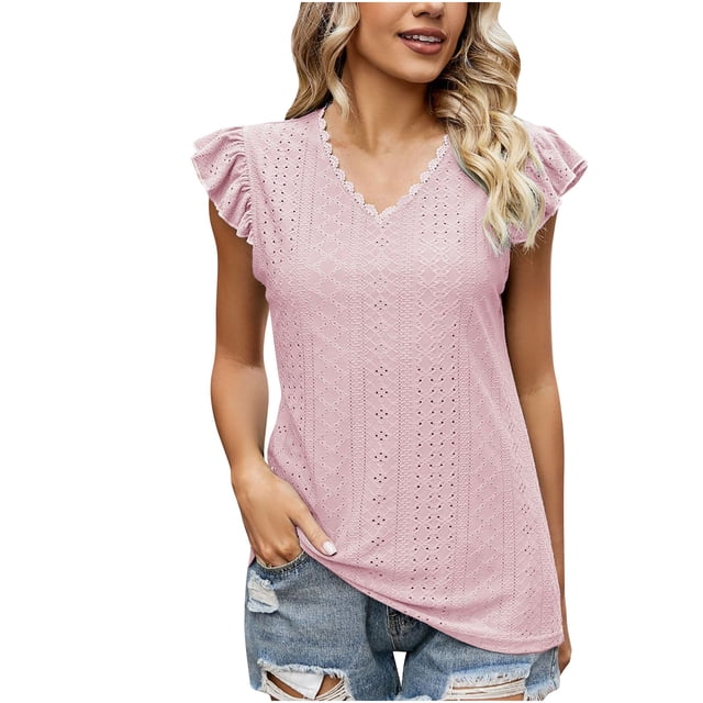 Birdeem Mode Femmes Décontracté Couleur Unie Col en V à Volants Manches Courtes Hauts Blouses Amples
