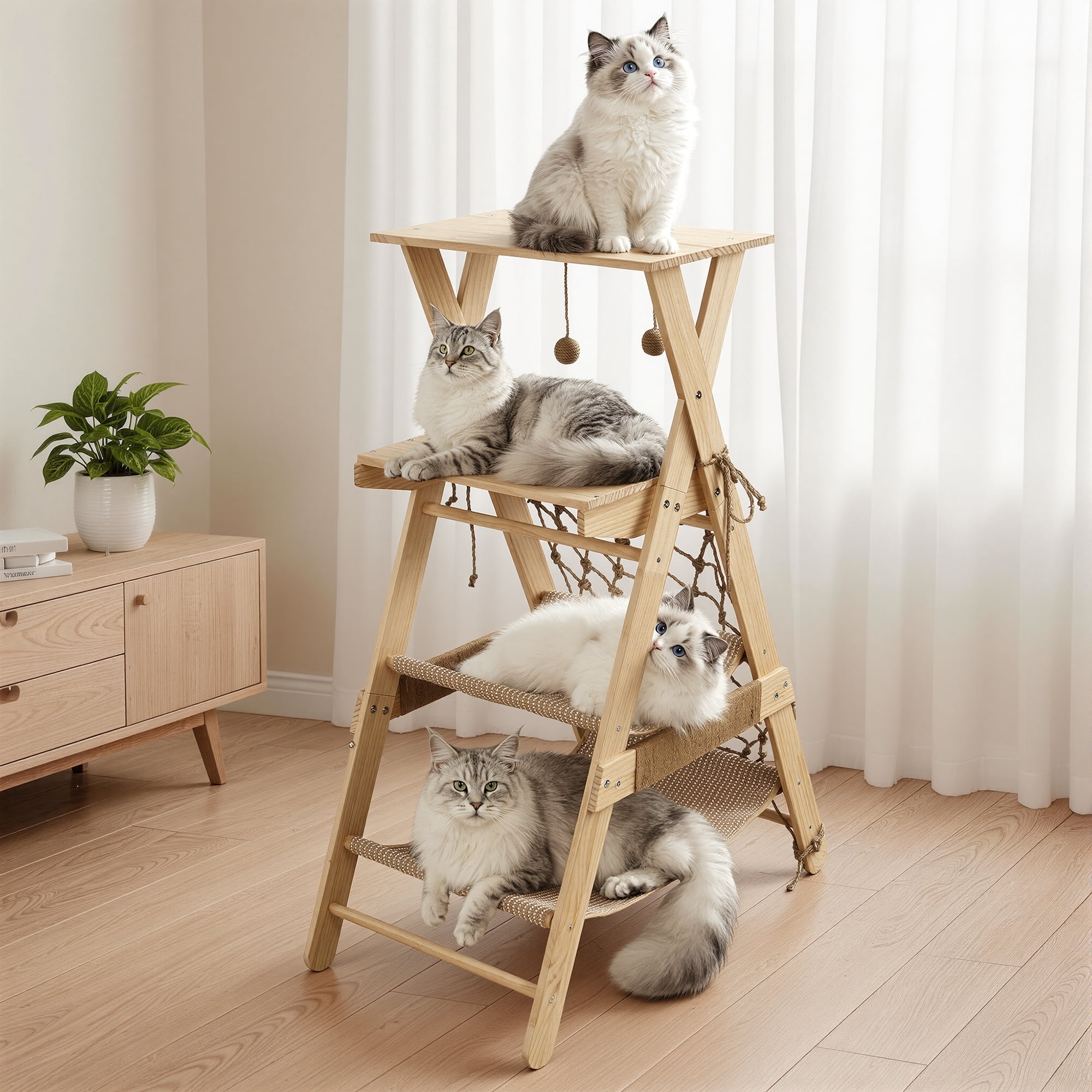 AIWFL Cat Tree Tower for Large Cats, 43.3" Multi-Level Wooden Cat Hammock & Sisal Scratching Posts Cat Condo, Outdoor Indoor Activity Center