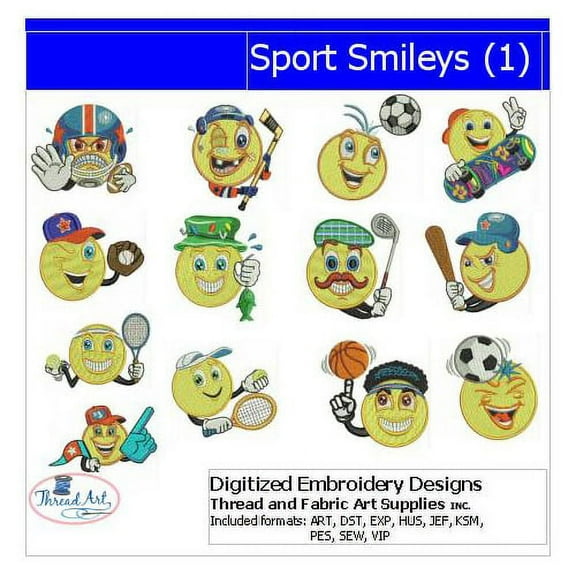 Sport Smileys(1) Embroidery Designs - All Popular Formats Included - Loaded on USB Stick