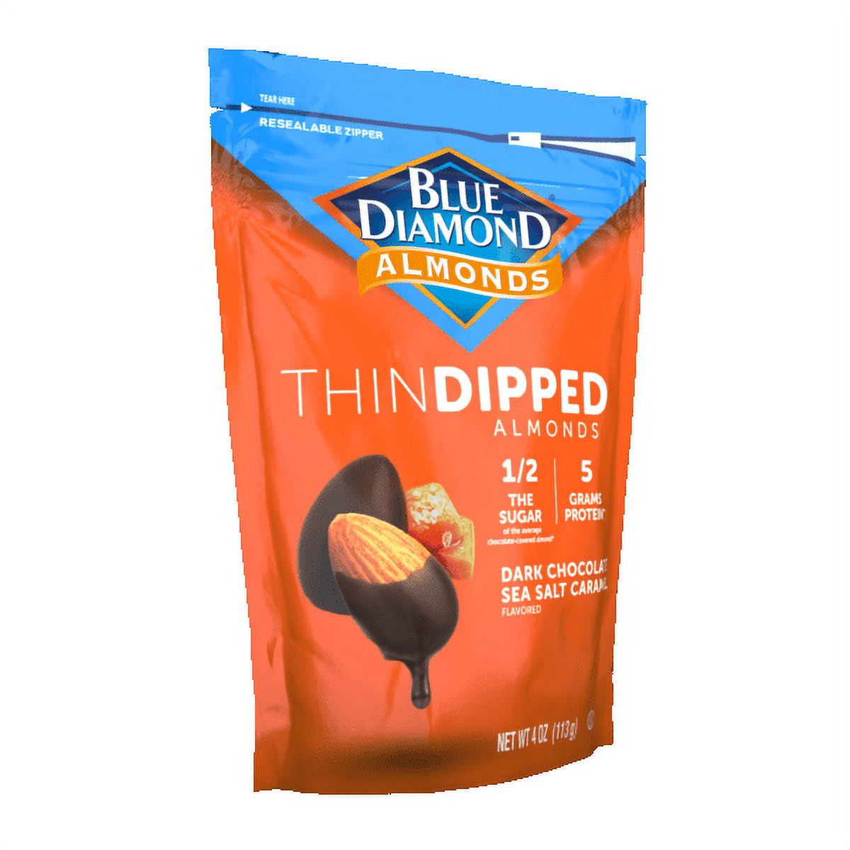 (4 pack) Blue Diamond Almonds, Dark Chocolate Sea Salt Caramel Thin Dipped Covered Natural Almonds for Guilt-Free Snacking, Half The Calories Great for Lunch, Adults and Kids, 4oz Resealable Bag