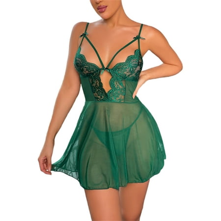 

Innerwin Women Lingerie Deep V Neck Chemise Two Pieces Backless Nightwear Lace Babydoll Ladies With Thongs Crotchless Mini Sheer Green 2XL