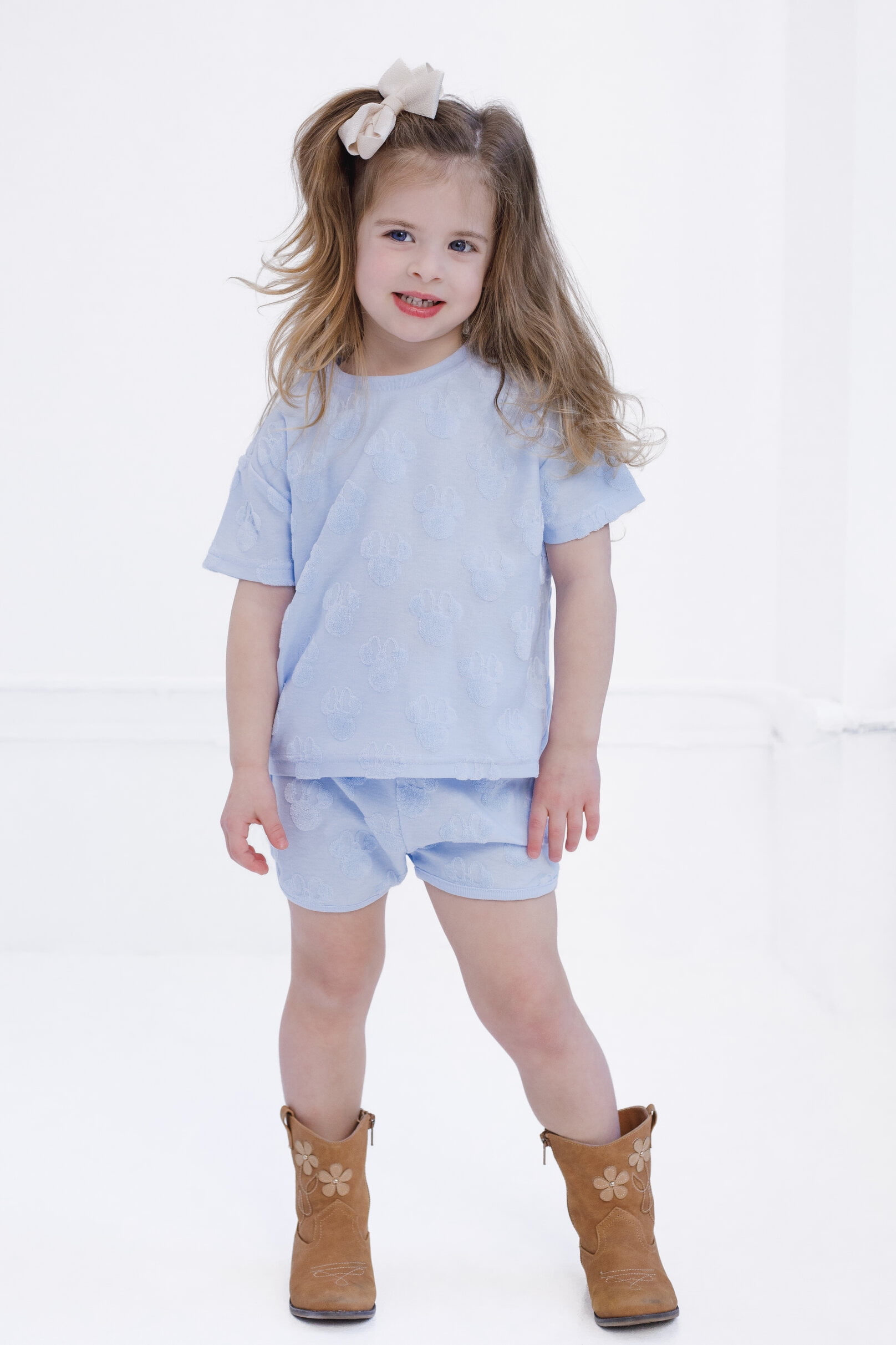 Disney Minnie Mouse French Terry Drop Shoulder T-Shirt and Dolphin Shorts Outfit Set Infant to Little Kid