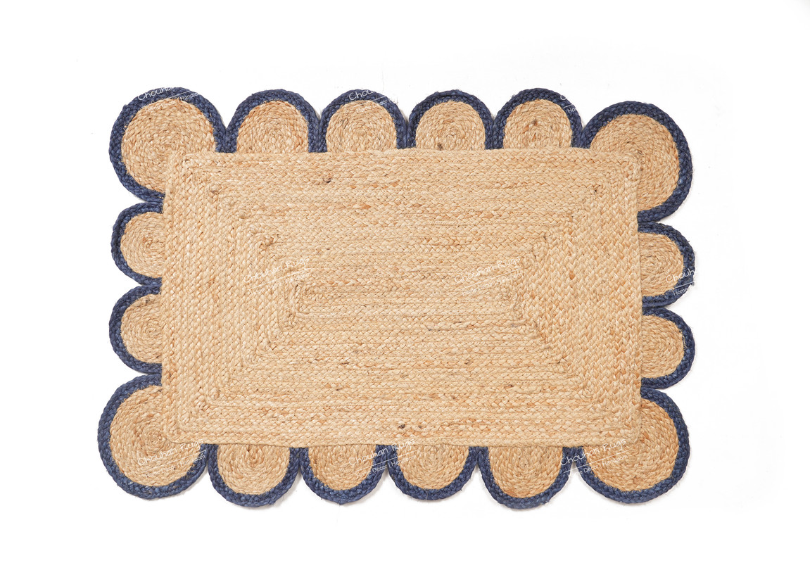 Rectangle Rug Natural Jute Rug Hand Braided Beige and Navy Blue Color Area Rug