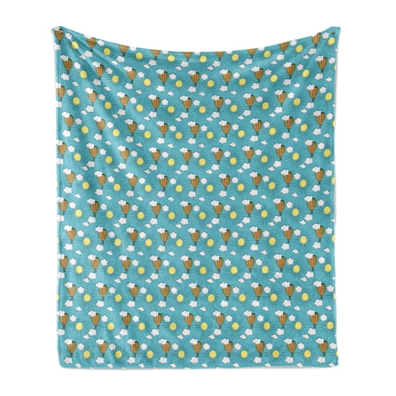 Children Soft Flannel Fleece Throw Blanket, Hot Air Balloons on Clouds in a Sunny Day Happiness Kids Nursery Joy Cartoon, Cozy Plush for Indoor and Outdoor Use, 60" x 80", Multicolor, by Ambesonne