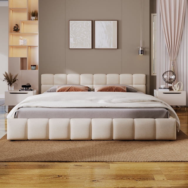 King Beige Chenille Upholstered Bed with Checkerboard Headboard