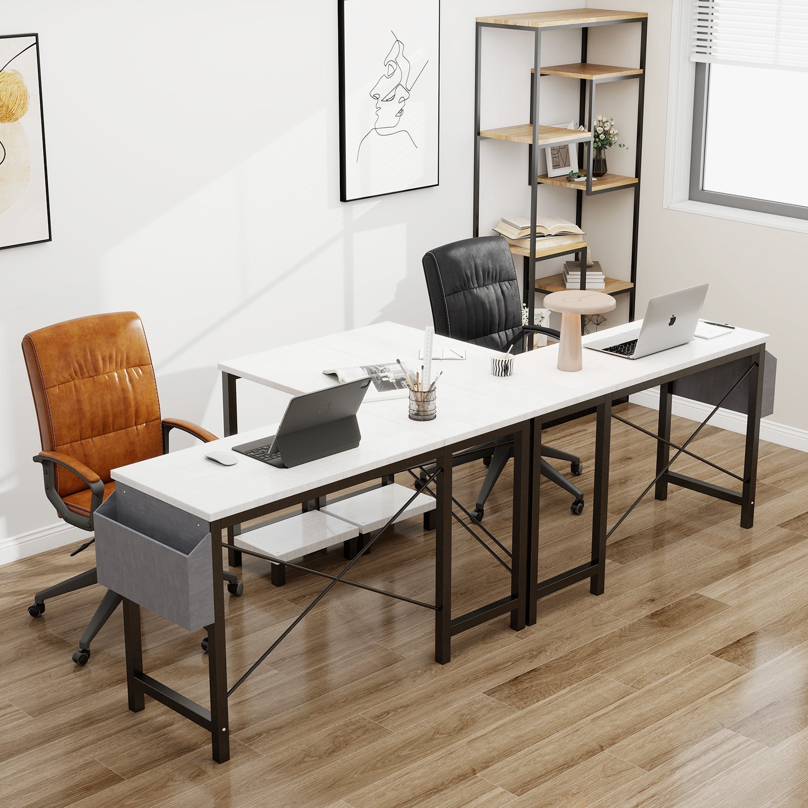 L Shaped Desk, 50 inch Reversible Corner Computer Desk with Storage Shelf & Side Bag, Home Office Working Workstation Gaming Table, White
