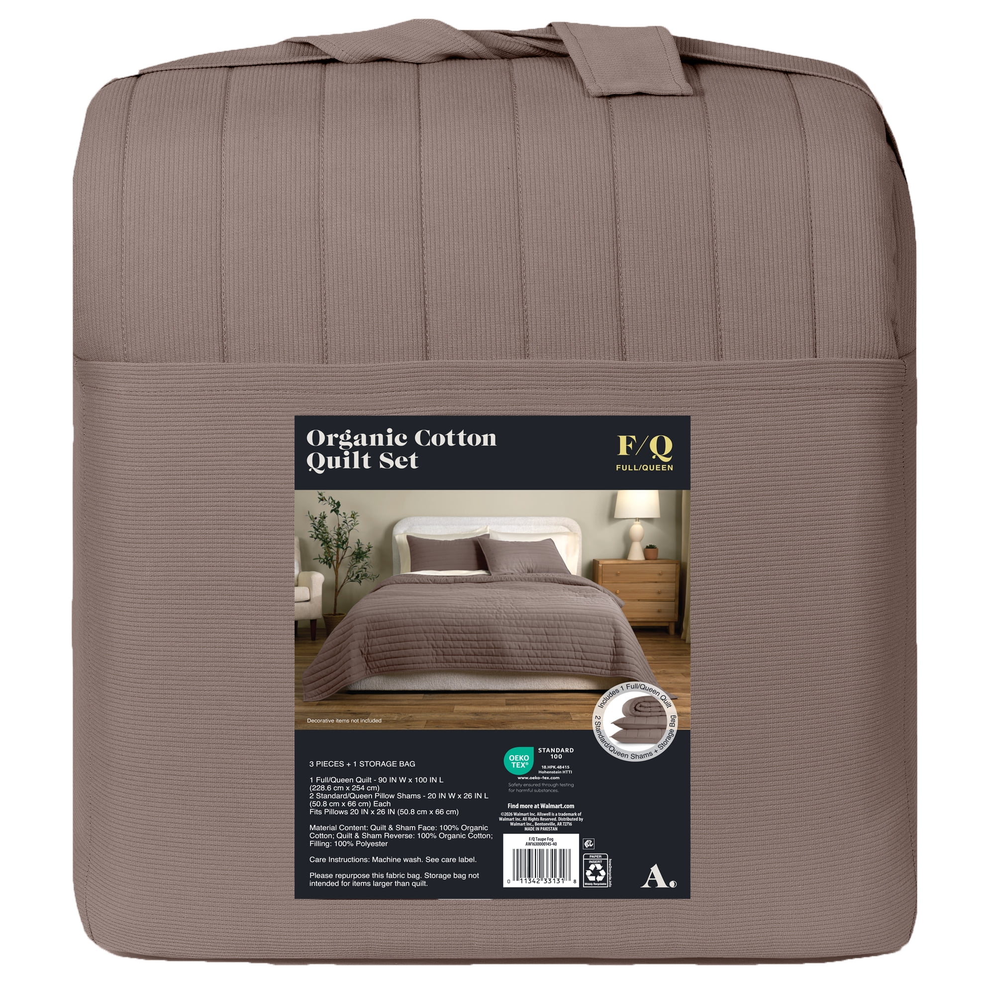 Allswell Organic Cotton 3-Piece Quilt Set, Taupe Fog, Full/Queen