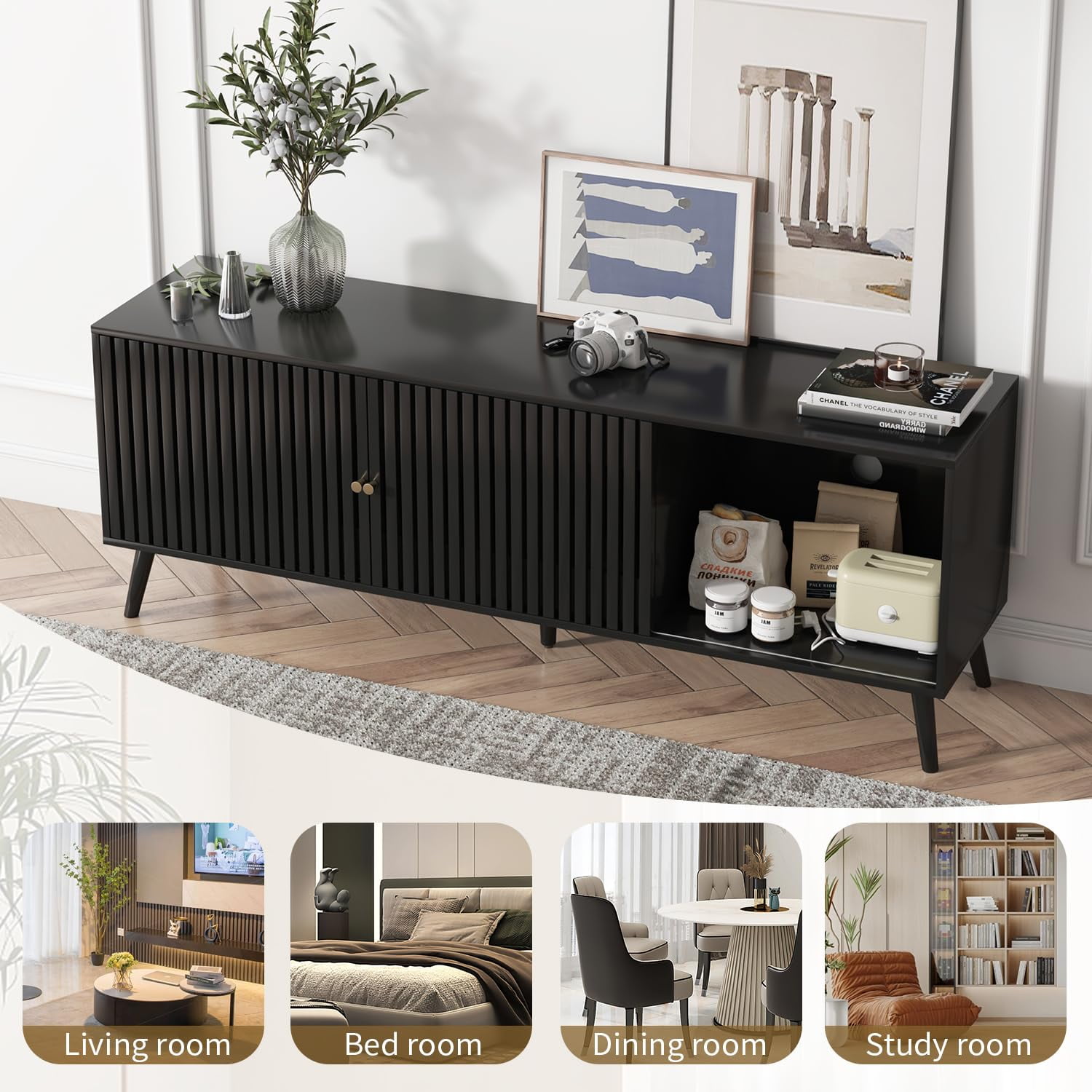 Modern TV Stand for TVs up to 70'', Sliding Doors, Entertainment Center with Storage, Media Console