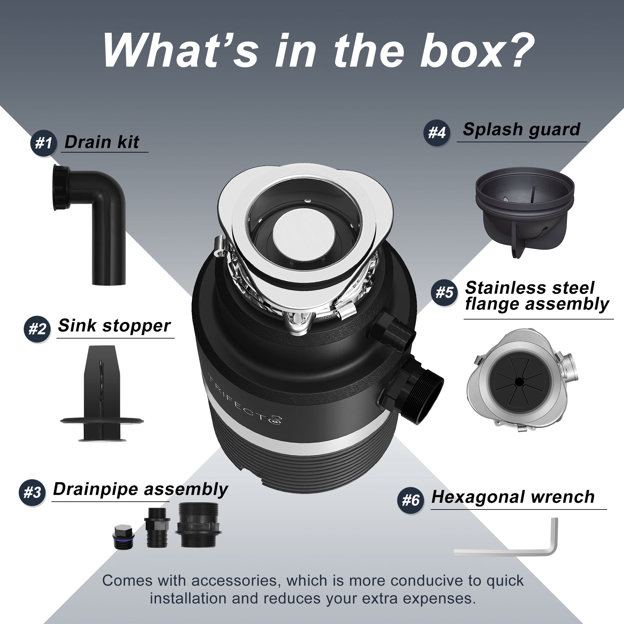 Trifecte 1HP Garbage Disposal, 3000RPM DC Motor Continuous Feed Food Waste Disposal with Power Cord