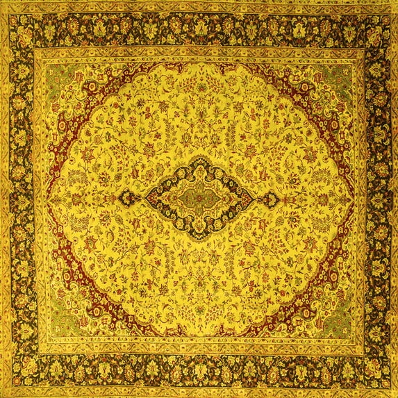 Ahgly Company Machine Washable Indoor Square Medallion Yellow Traditional Area Rugs, 4' Square