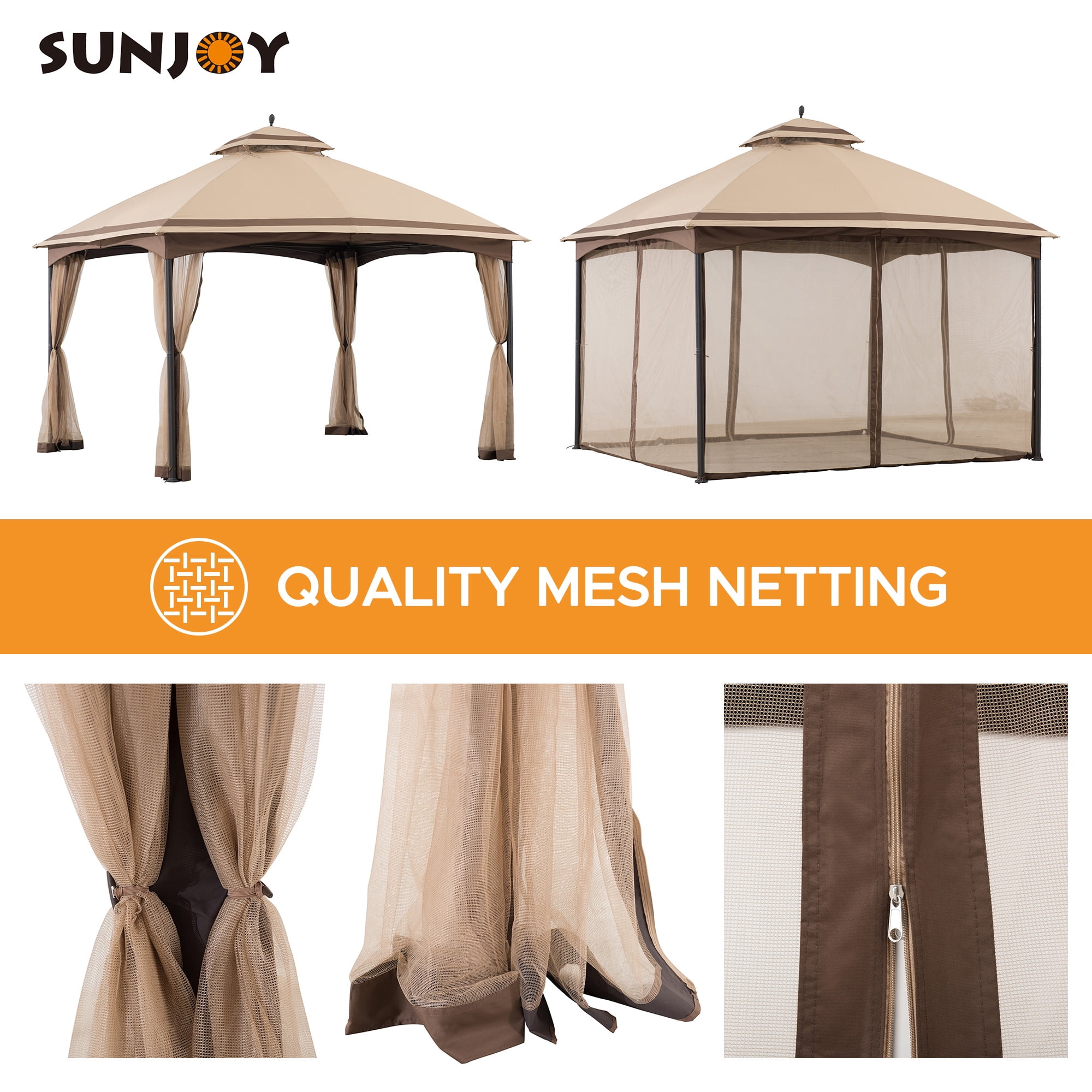 Sunjoy 10 ft. x 12 ft. Outdoor Soft Top Gazebo Beige with Mosquito Netting, Brown 2-tier Steel Gazebo For Backyard,Garden
