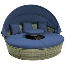 Resenkos Outdoor PE Wicker Round Daybed with Retractable Canopy and Cushions-Navy, Patio Seating Conversation Set, Modern Patio Sofa Sectional All Weather Proof for Patio Back Deck
