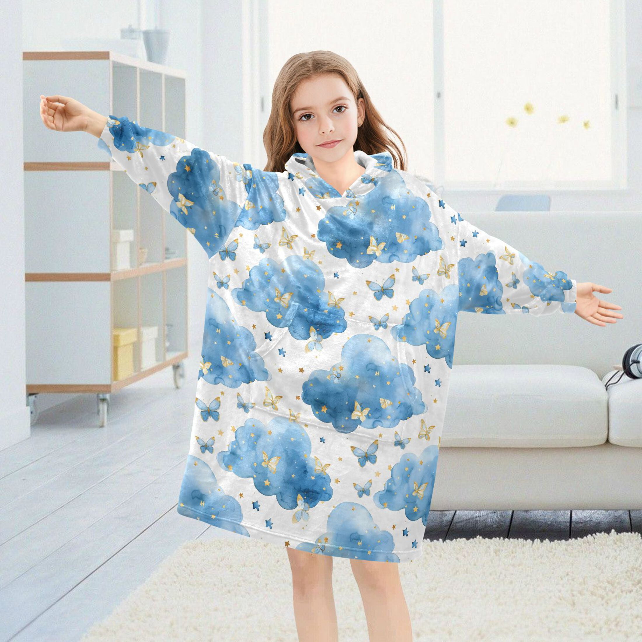 Dailycode Wearable Blanket Hoodie Oversized Sherpa Flannel Blankets with Pocket for 3-14 Year Old Butterflies and Cloud