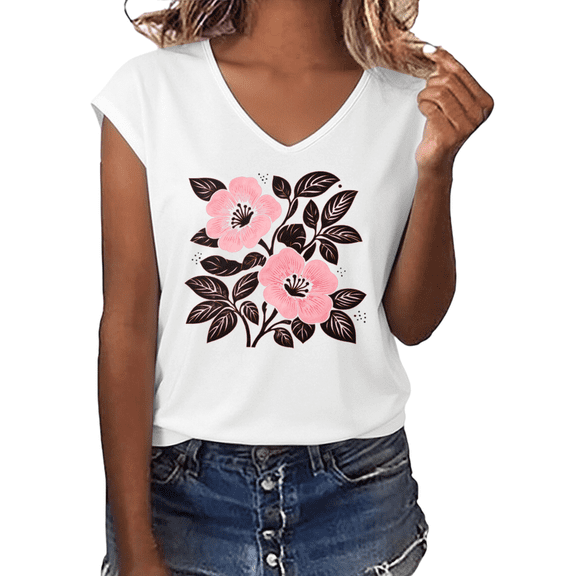 UNISHE Women's Vintage Pink Floral Leaf Branch Graphic V-Neck Sleeveless T-Shirt Soft Lightweight Everyday Summer Relaxed Fit Casual Tank Top