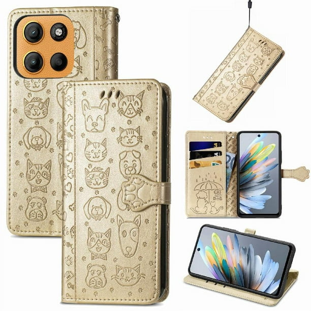Funda Cartera FOXDOCK para Motorola Moto G15 , Flip PU con Relieve de Gatos y Perros, Tarjetero y Soporte