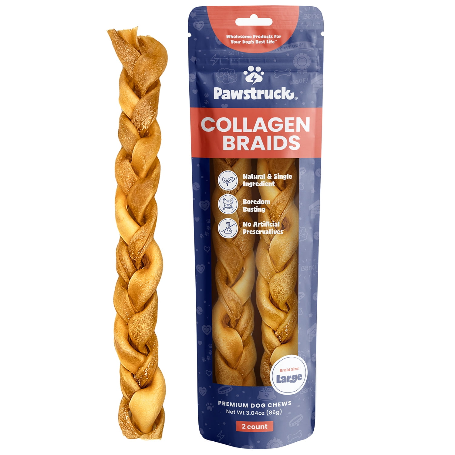 (4 pack) Pawstruck Natural Large Braided Beef Collagen Sticks, Single Ingredient Chew for Dogs, 2pk