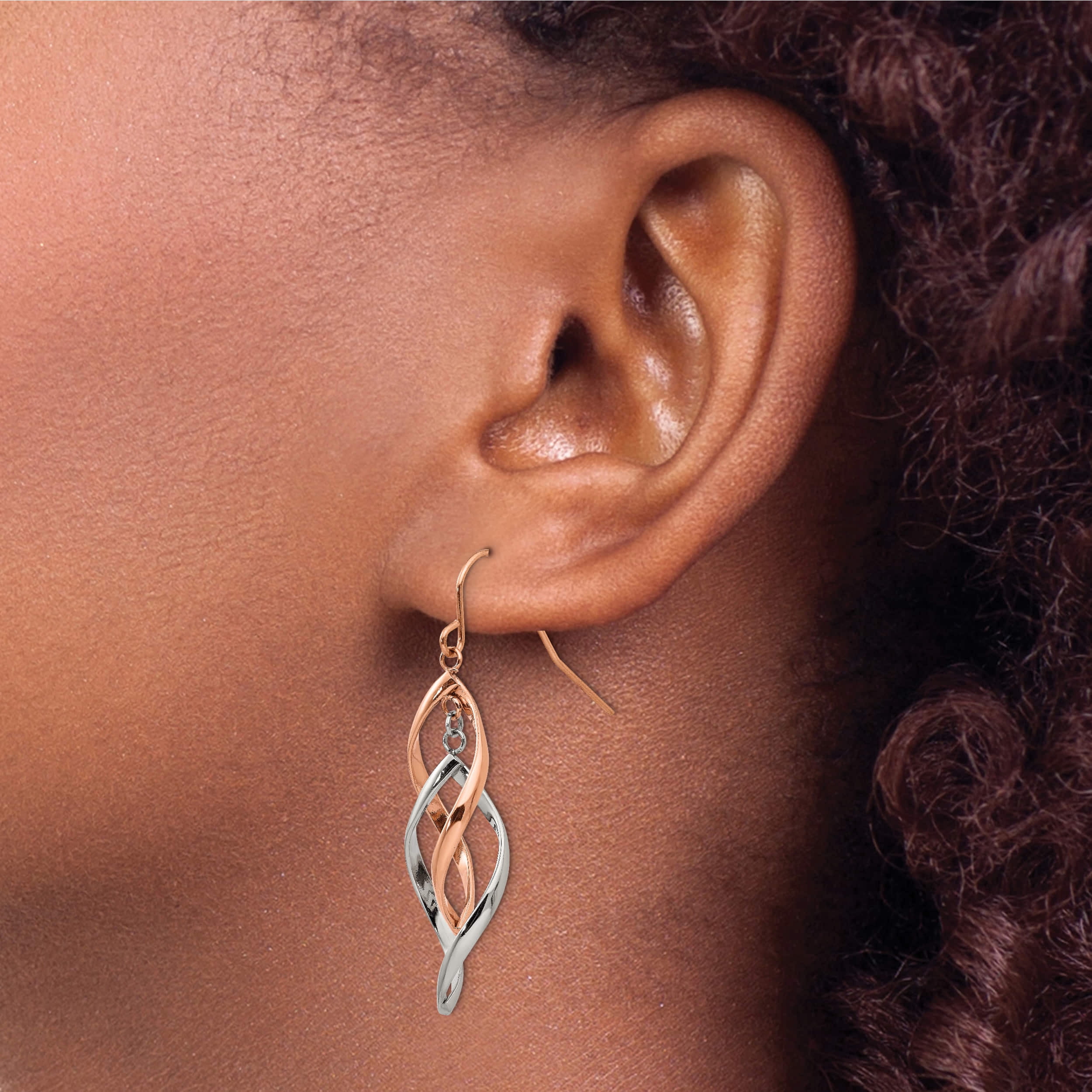 Stainless Steel Polished Rose Ip-Plated Dangle Shepherd Hook Earring (33 X 15.6) Made In China sre1279