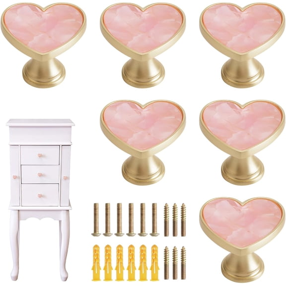 Pink Zinc Alloy Heart-Shaped Knob, 6pcs Cabinets Dresser Drawer Knobs Furniture Wardrobe Bathroom Decorative Pulls Cabinets Door Knob Pull Handle for Living Room Bedroom Kitchen