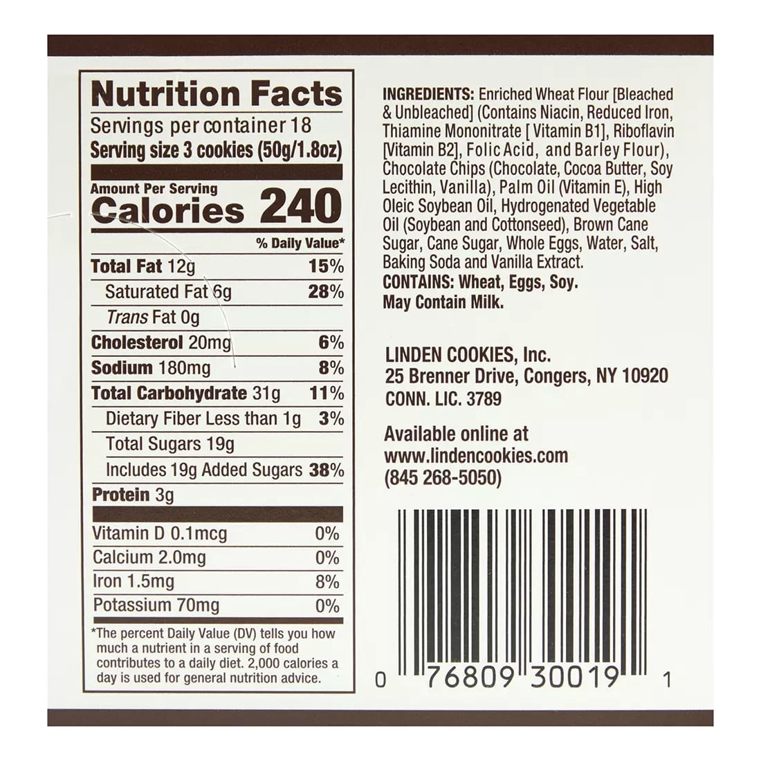 Linden's Chocolate Chip Cookies - 18 Packs of 3 Cookies Each