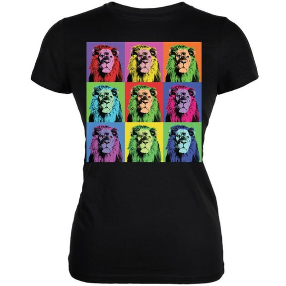 Lion Pop Art Repeating Squares Black Juniors Soft T-Shirt - Large