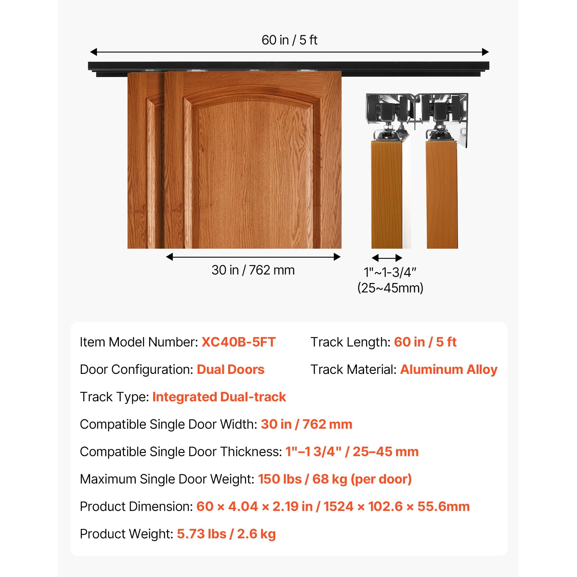 KFFKFF 5 ft Aluminum Alloy Bypass Sliding Door Hardware Kit, Dual-Track System for Smooth and Quiet Operation, Easy Installation, Fits Doors 1" to 1 3/4" Thick and 30" Wide, Ideal for Closets