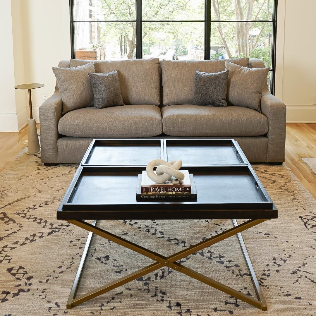 Posh Pollen - Antique Black Wood Rectangle Coffee Table with 3 Serving Trays and Sturdy Gold Metal Frame