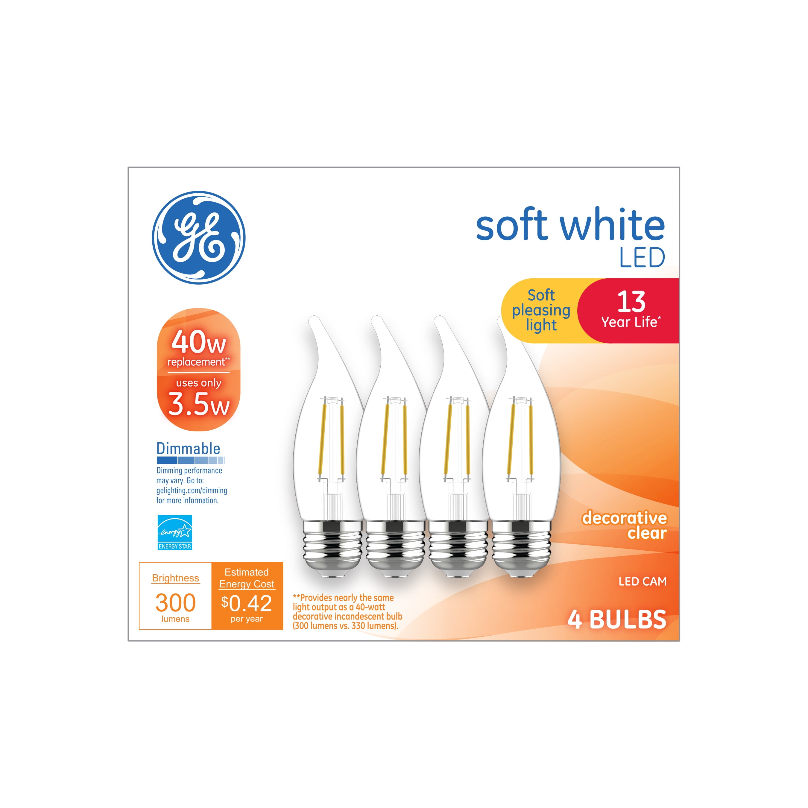 24 Bulbs 300-Lumen Bent Tip Light Bulb with Medium Base Clear Finish 40-watt Replacement GE Lighting Decorative Soft White LED 3.5-watt 