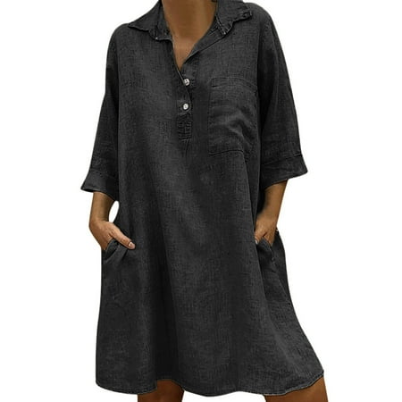 

Sayhi Boho Solid Sleeve 3/4 Pocket Women s Collar Dress Button Casual Dress Turn-down Women s Dress Dress Shoe Women