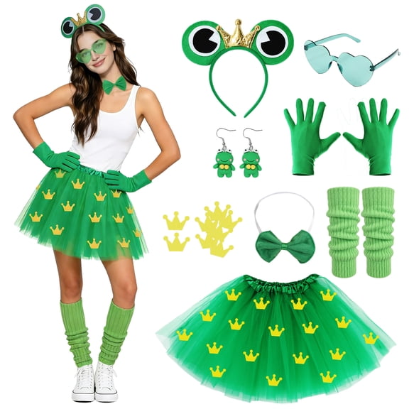 ZPQMNB 8 Pieces Women Frog Princess Costume Outfit with Full Accessories, Adult Halloween Carnival Cosplay Fancy Dress Up Suit