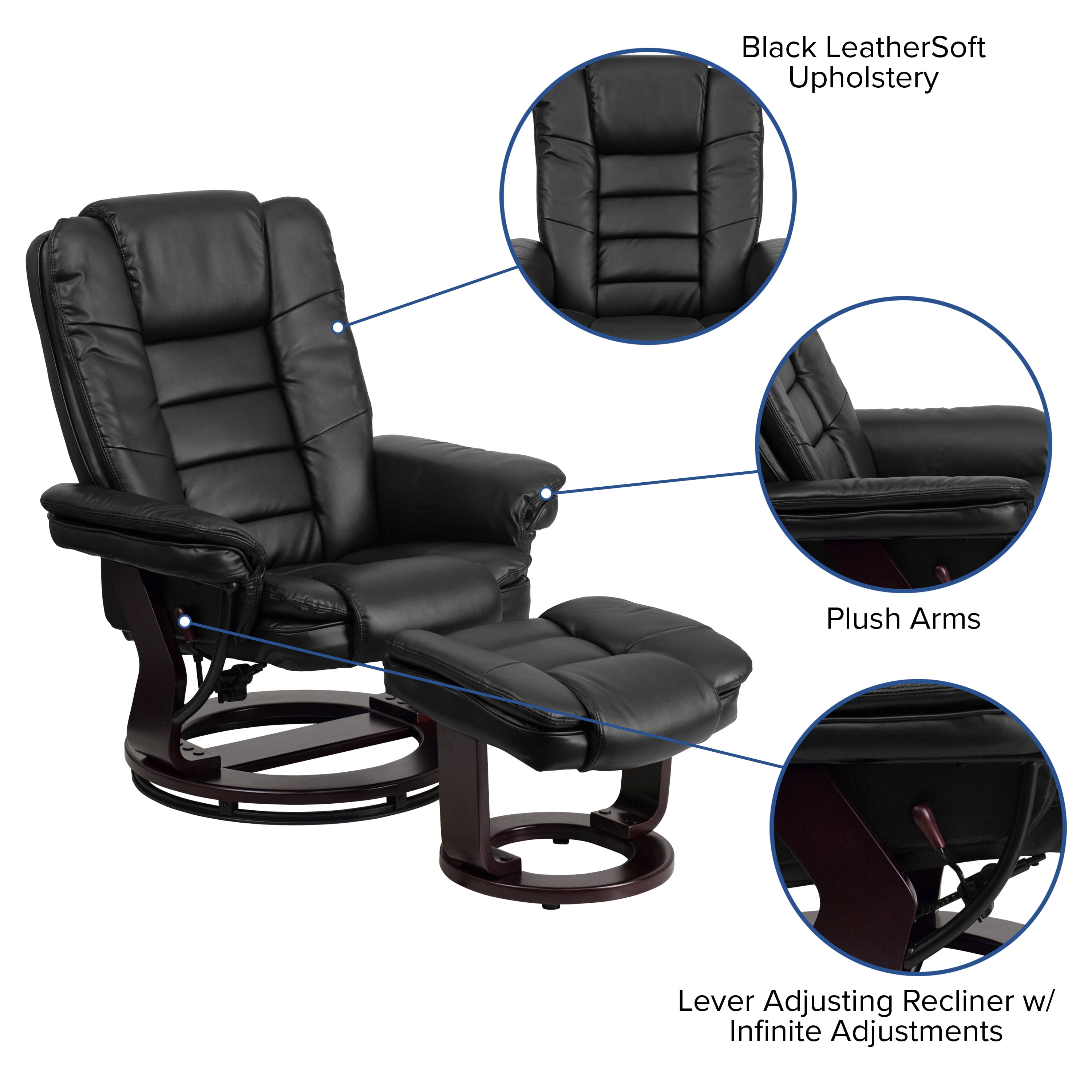 BizChair Contemporary Multi-Position Recliner with Horizontal Stitching and Ottoman with Swivel Mahogany Wood Base in Black LeatherSoft