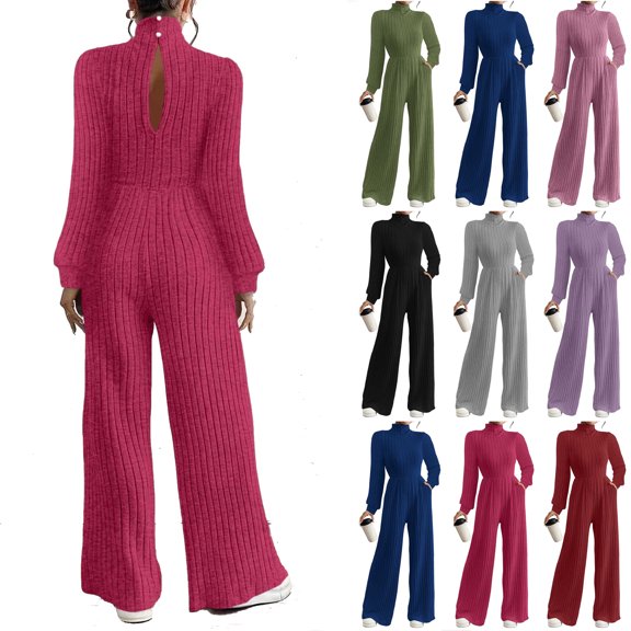 Bloomae Women's Long Sleeve Turtleneck Jumpsuit - Stretchy Ribbed Wide-Leg Casual One-Piece Back Cutout Rompers Loose Fit Overall Pants with Pockets