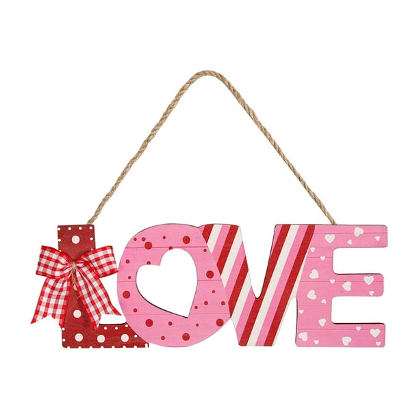 Letrero de madera para colgar en la puerta del porche, decoración de San Valentín con lazo. Color de fondo rosa