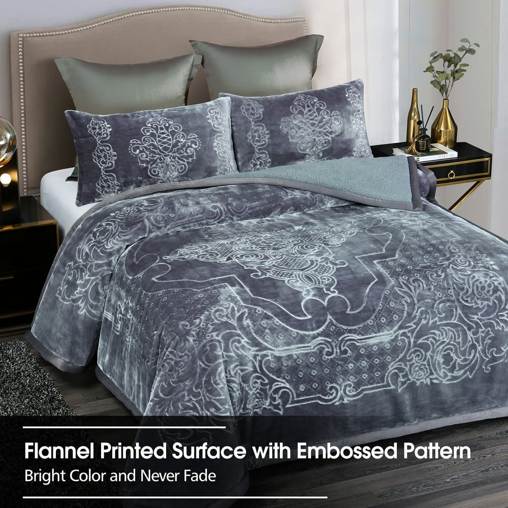 3 Pieces Luxury Soft Warm Flannel Fleece Microfiber Sherpa Comforter Set ,Solid Printed Borrego