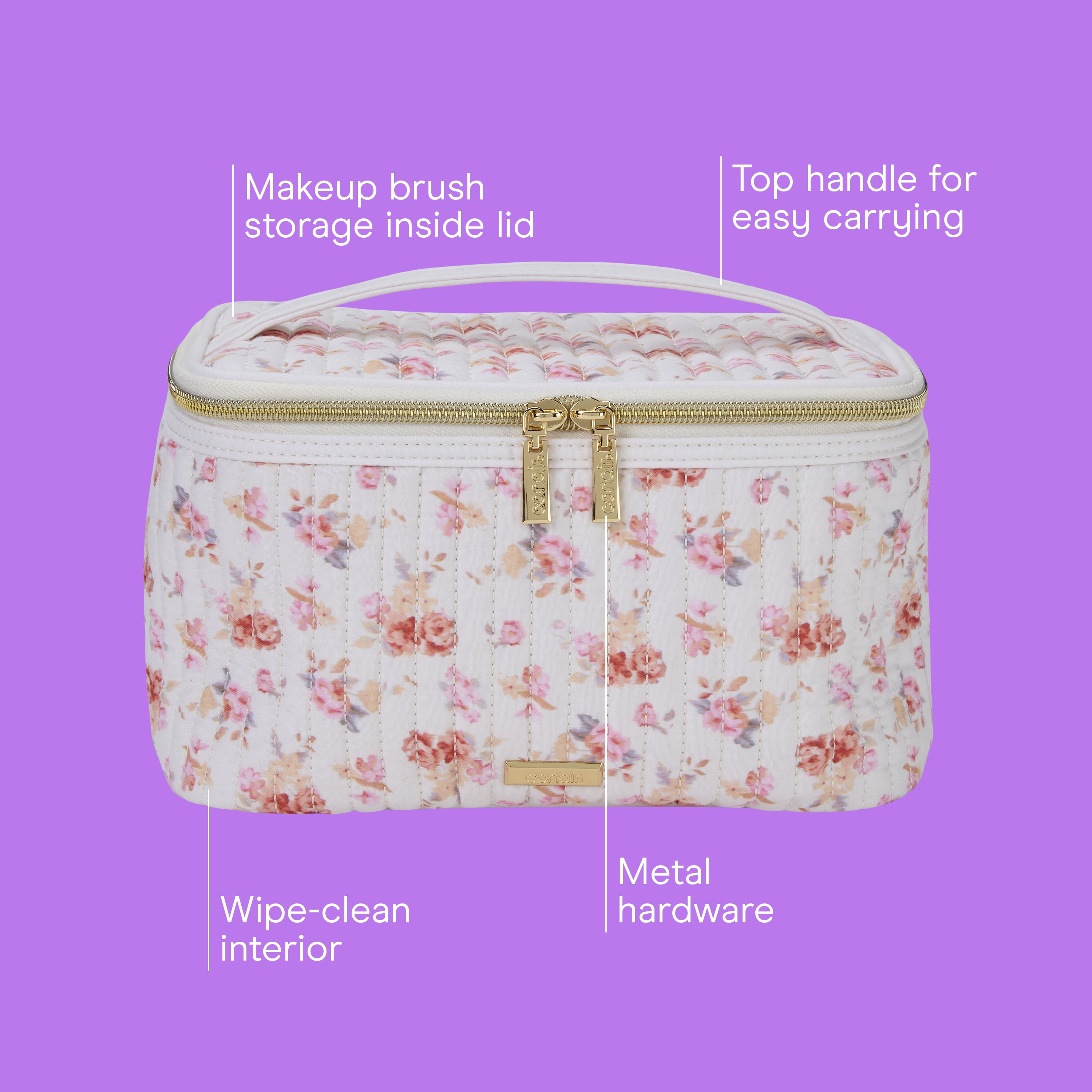Conair Floral Quilted Train Case, Travel Makeup Bag with Interior Organization, 1 Count