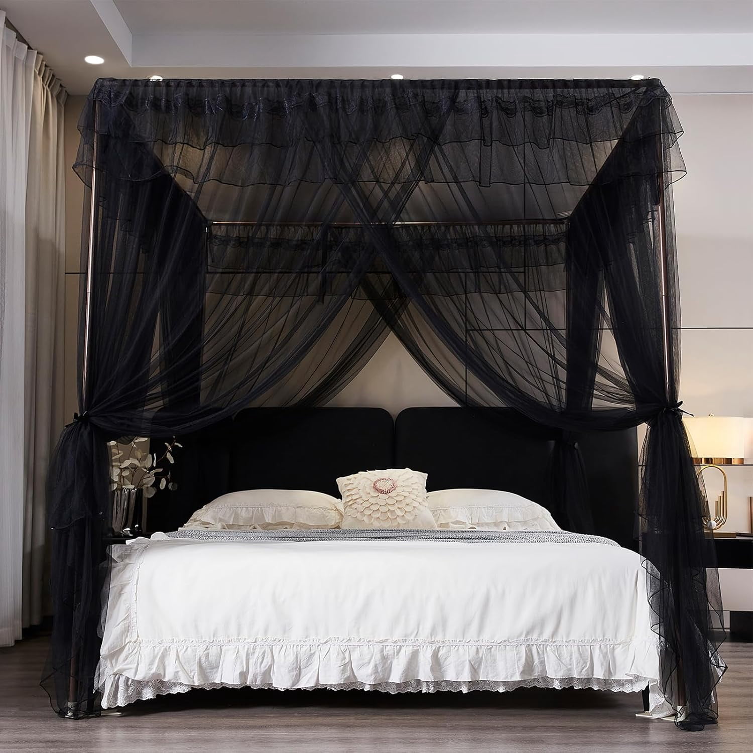 Black Canopy Bed Curtains for Girls & Adults, Queen King Bed Canopy Drapes Netting, Practical Mosquito Net for Bed (King- 86" W*78" L*82" H)