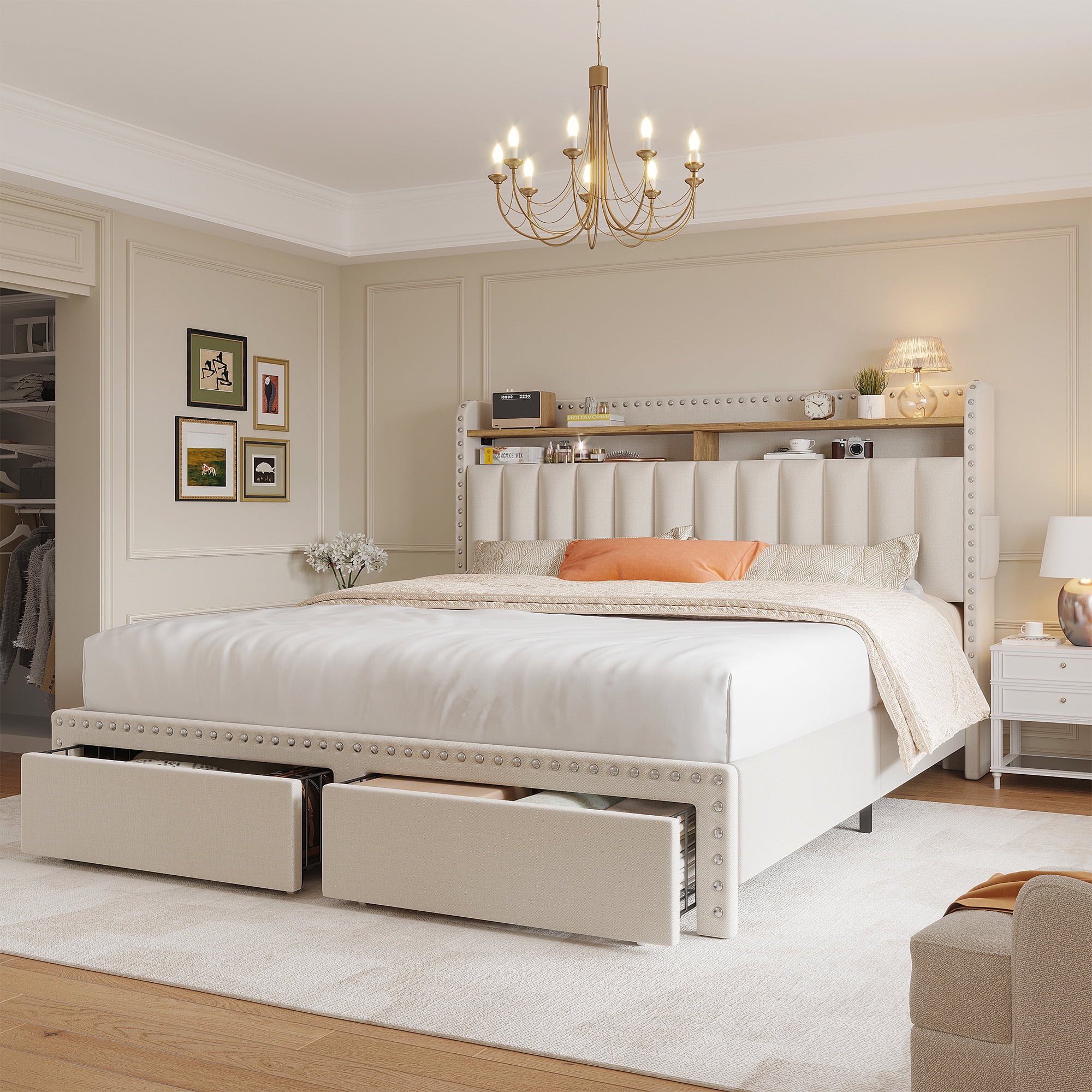 Bed Frame Full Size with Storage Headboard Upholstered Bed Frame with 2 Drawers & Side Storage Pocket,Beige