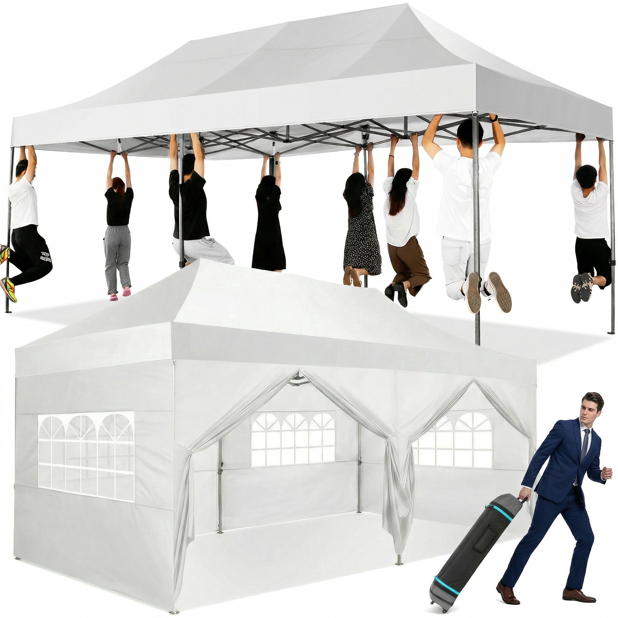 COBIZI 10x20 Pop Up Canopy with 6 Sidewalls, Heavy Duty UPF 50+ Waterproof All Season Commercial Tent for Outdoor Weddings & Parties, Roller Bag Included, White