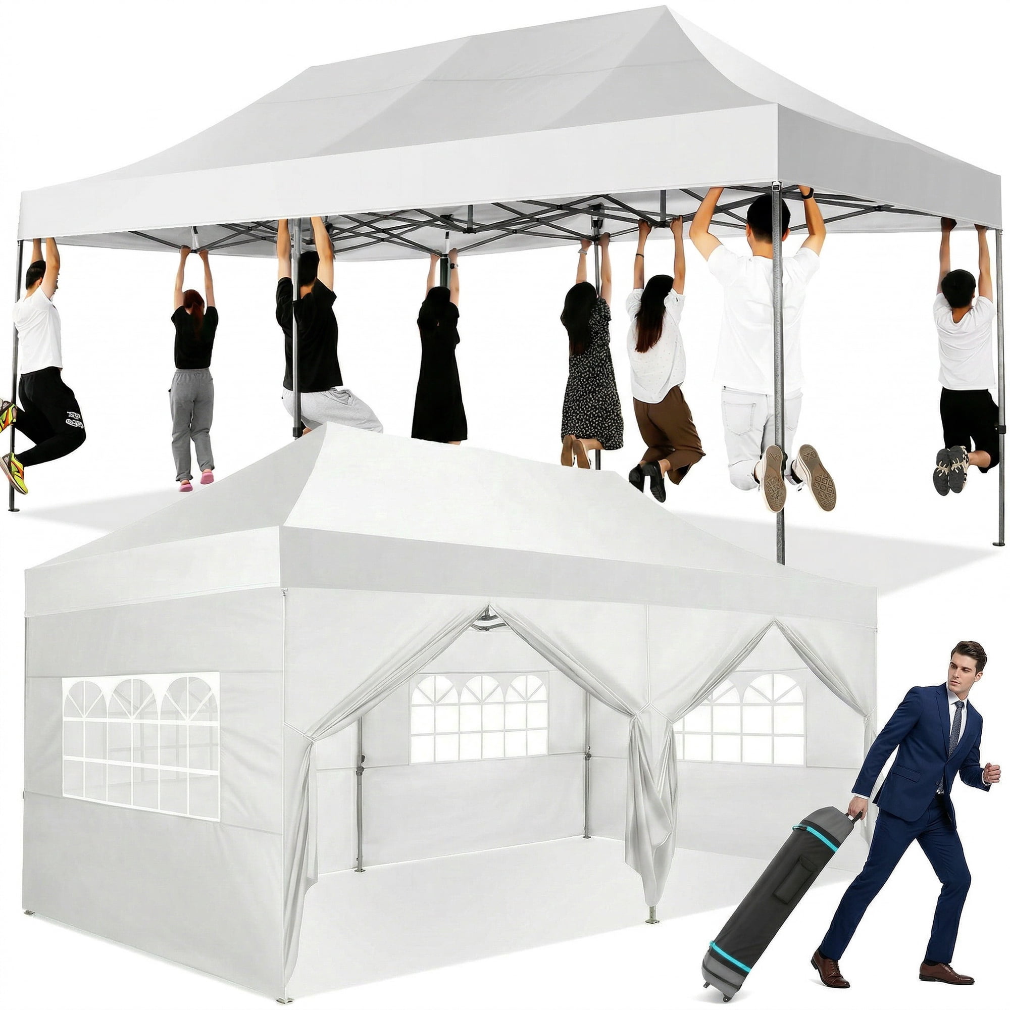 COBIZI 10x20 Pop Up Canopy with 6 Sidewalls, Heavy Duty UPF 50+ Waterproof All Season Commercial Tent for Outdoor Weddings & Parties, Roller Bag Included, White