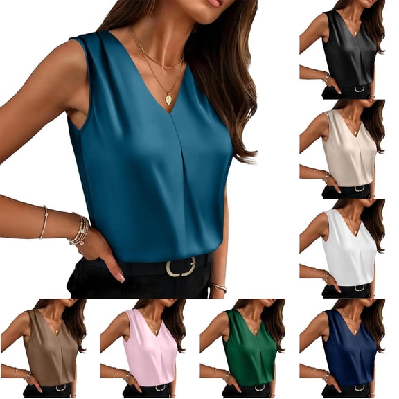 Women's Silk Satin Camisole Tank Tops V Neck Pleated Dressy Casual Sleeveless Blouses Summer Business Work Shirts White