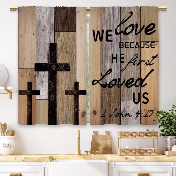 Farmhouse Brown Wooden Kitchen Curtains Rustic Country Barn Quotes Small Short Cafe Window Curtains Inspirational Jesus Bathroom Window Drapes Treatment Tier Curtains 2 Panels (27.5x36 Inch)