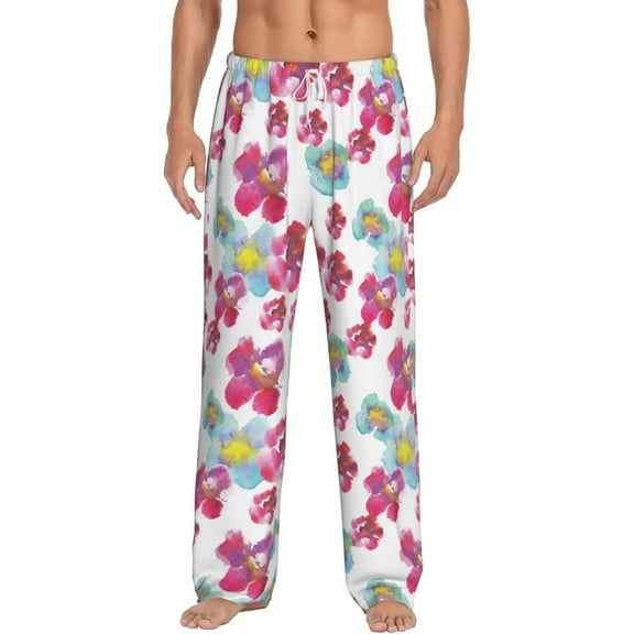Daiia Watercolor Flowers Men's Sleep Pant with Pockets and Drawstring,Pajama Pants-Small