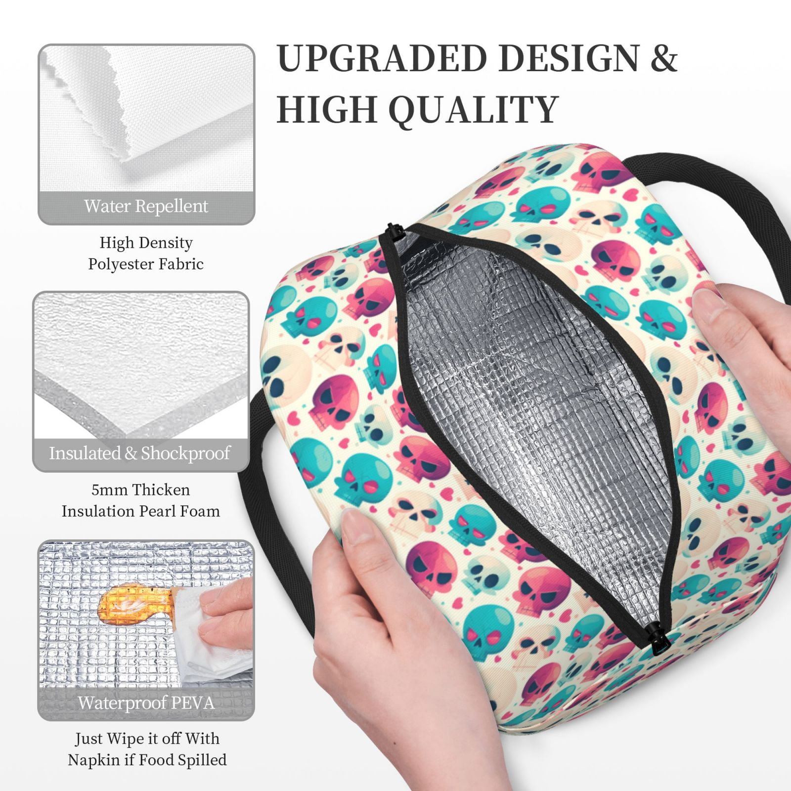 Rateoe heart Skull cute Pattern Lunch Bag Women, Lunch Box, Lunch Bag, Small Leakproof Lunch Tote Large Capacity Reusable Insulated Cooler Lunch Container