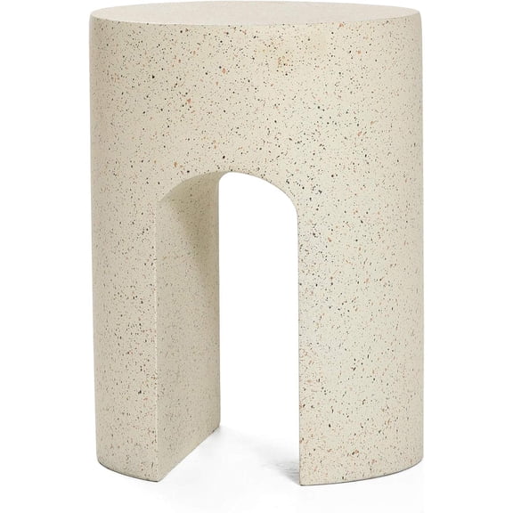 Outdoor Side Table, 18-inch Round Cement Accent Table with U-Shape Base, Cream with Speckled Gray Finish