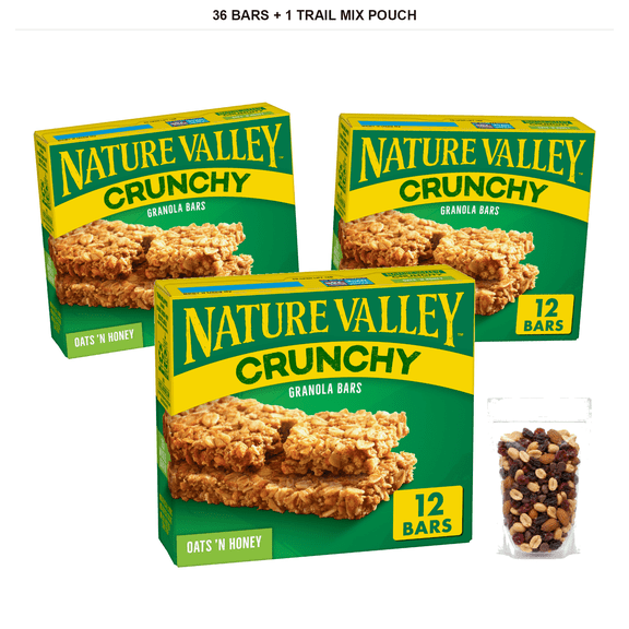 Nature Valley Oats & Honey Crunchy Granola Bars, 36 Bars Total, 8.94 oz with 1 Bybies Trail Mix Pouch, 2 oz