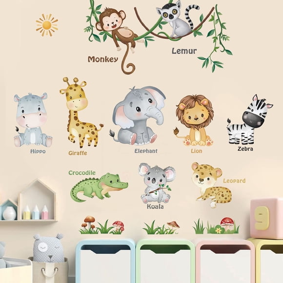 Adhesivos de pared con diseño de animales de la jungla, mono, elefante y león