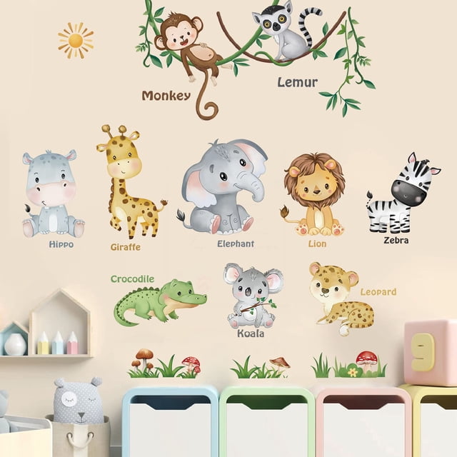 Adhesivos de pared con diseño de animales de la jungla, mono, elefante y león
