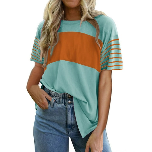 Summer Women's Trendy Oversized Crewneck Color - Block Striped Shirts